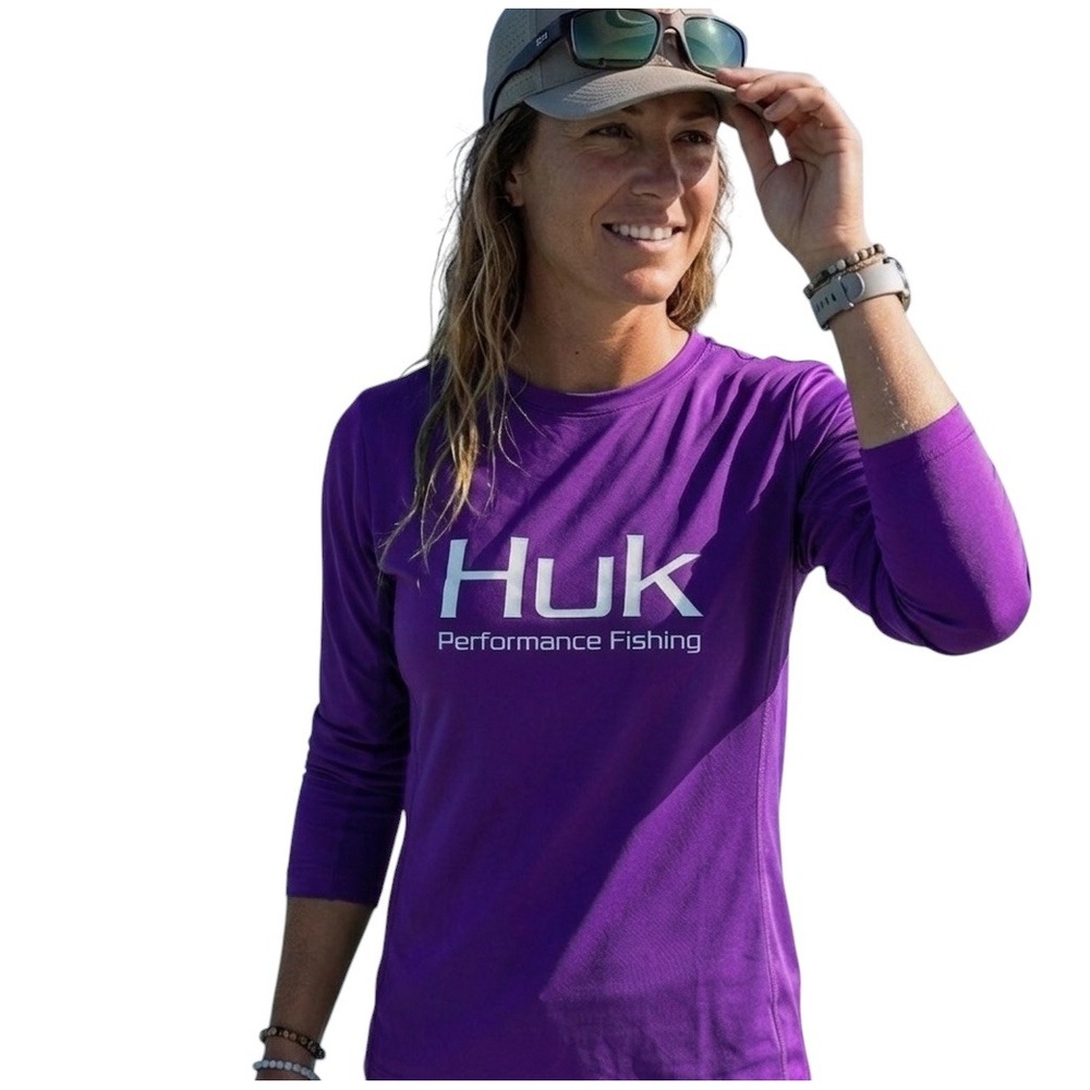 Huk Women Purple Long Sleeve Performance Fishing Shirt Size L Logo Graphic Tee